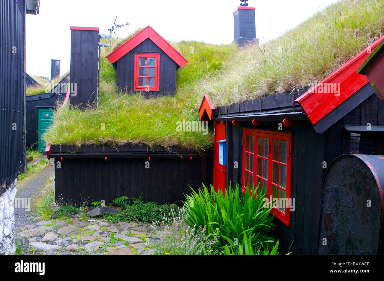 Cottage Roof toop insulation in the form of Grass and turf - Faroes Islands Stock Photo