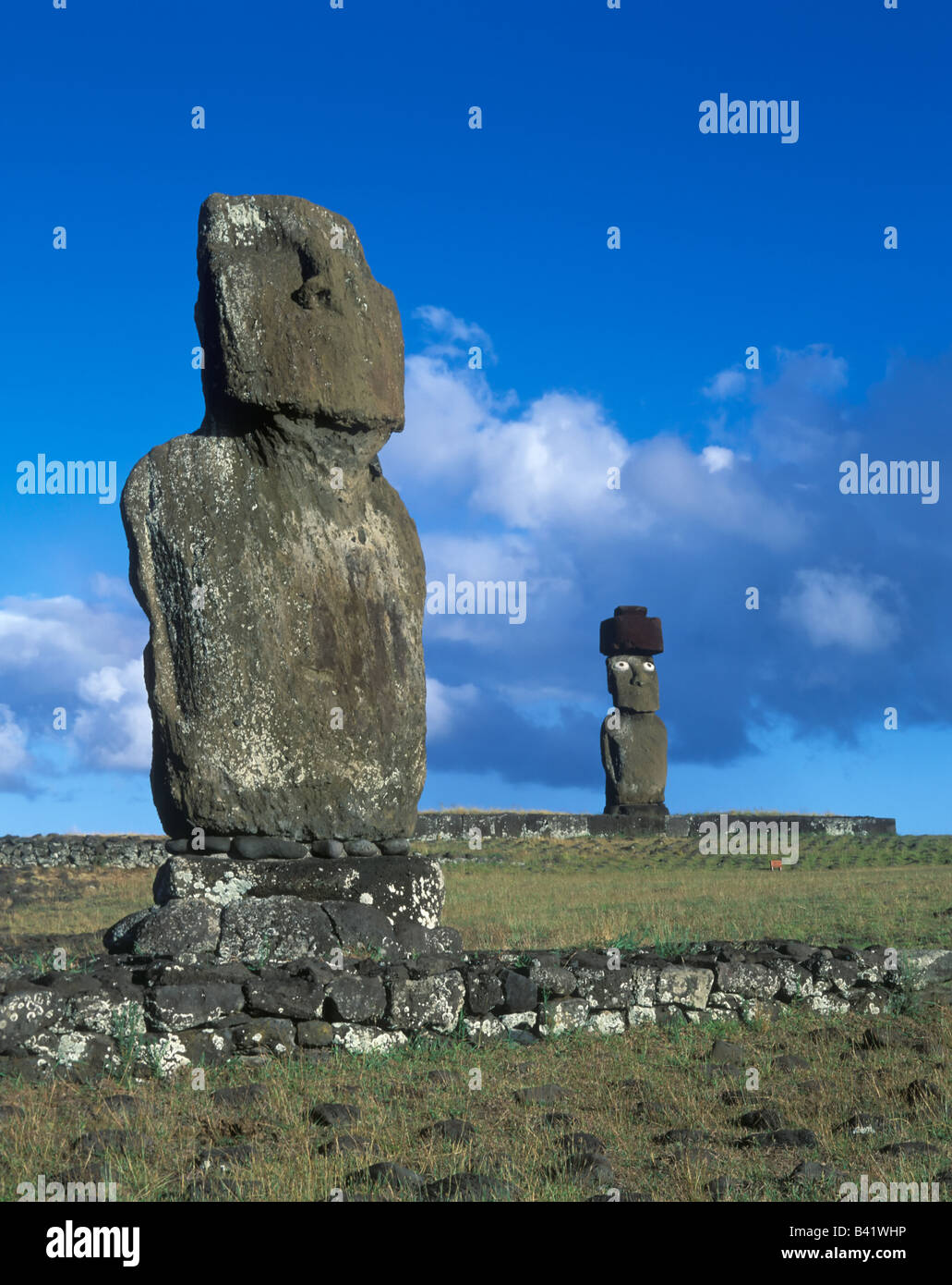 Moais of Ahu Akivi inland Ahu on the UNESCO World Heritage of Easter Island Chile Stock Photo
