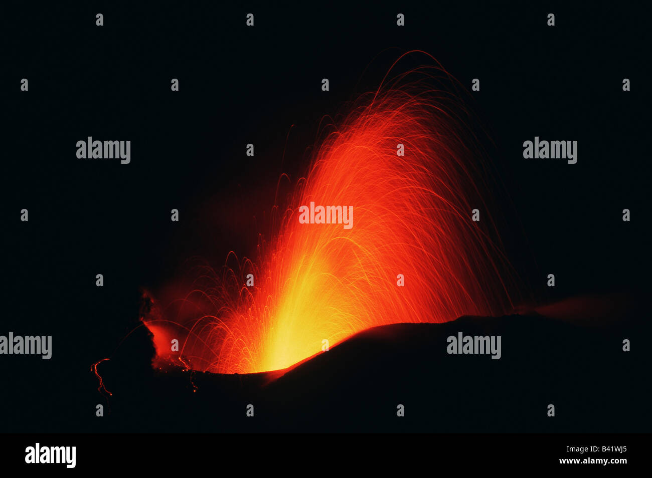 Strombolian eruptions at night Stromboli Aeolian Islands Italy Europe Stock Photo