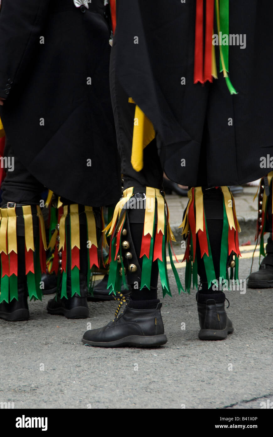 The boots, bells and ribbons as worn by The Clerical Error Morris Dancers when performing at Shipston Proms, 2008. UK Stock Photo