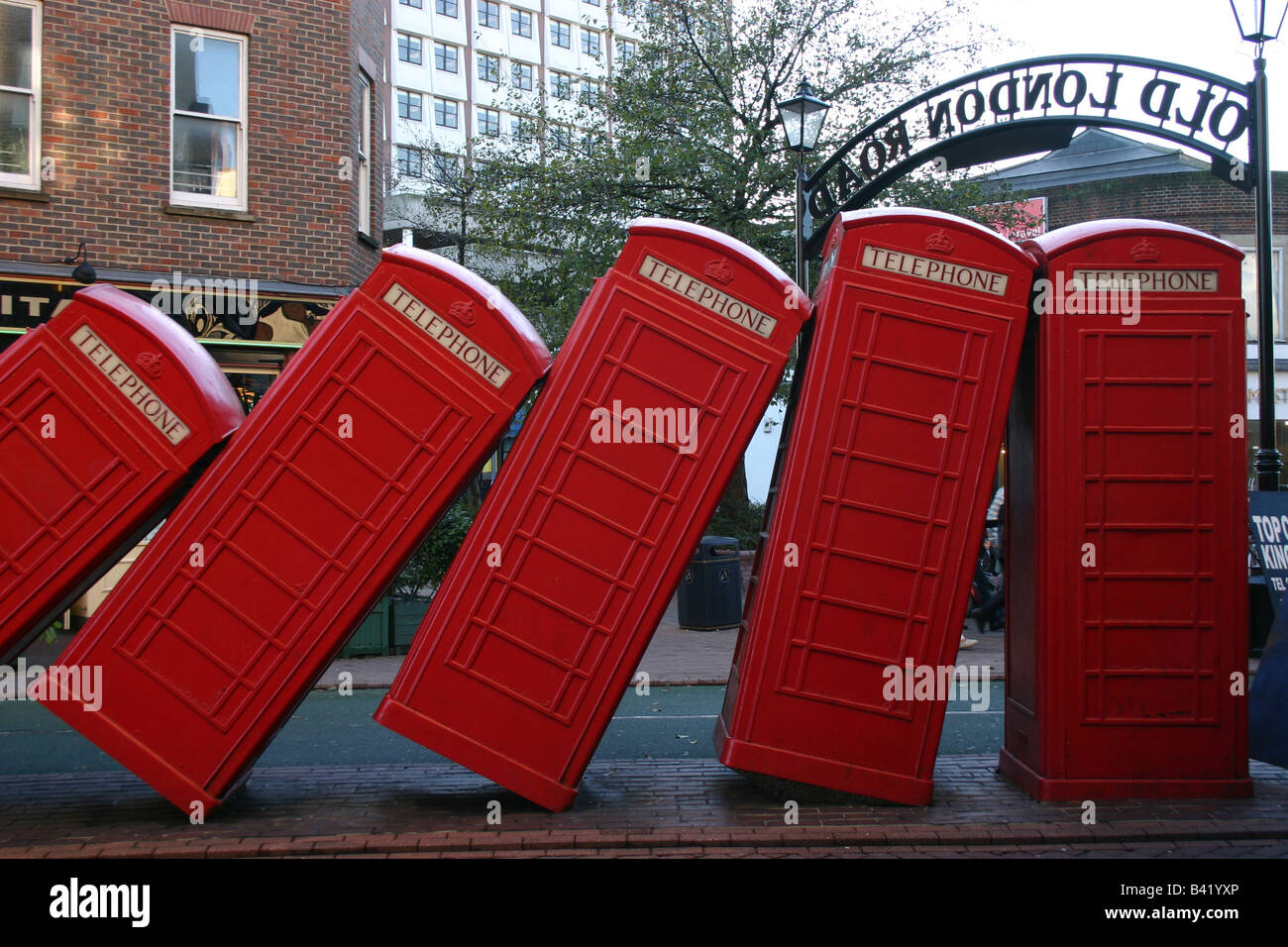 'telephone box' kingston surrey red 'David Mach' 'Out of Order' BT british telecom openreach communicate communications comunica Stock Photo
