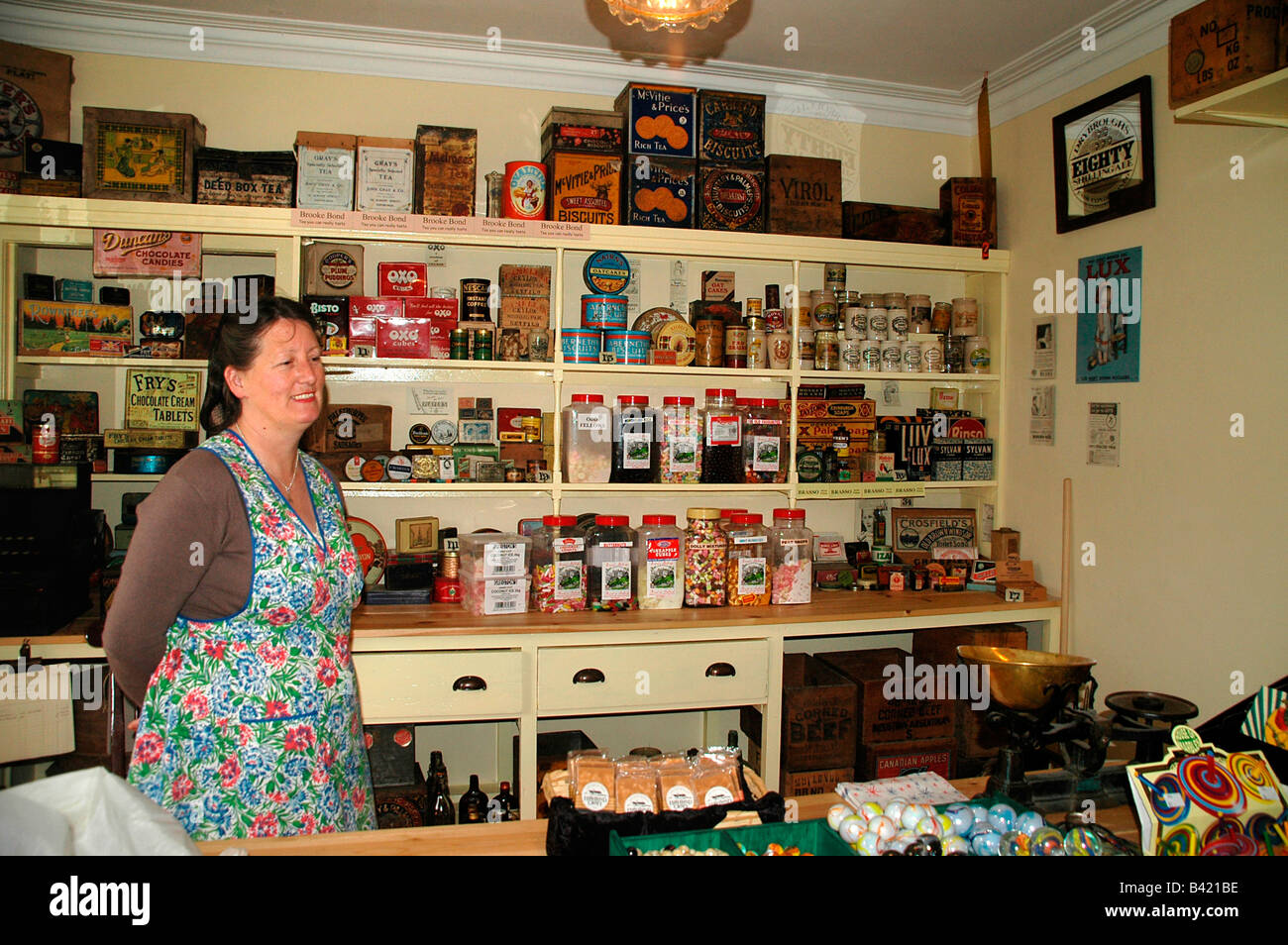 An old fashioned sweetshop in operation at the Highland Folk Museum Kingussie and Newtonmore. Stock Photo