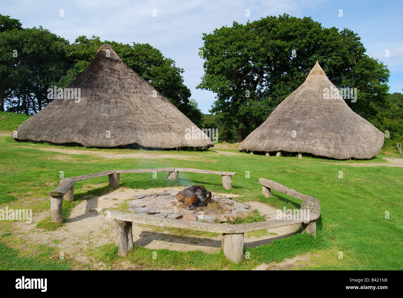 Roundhouses and fireplace, Castell Henlly, Iron Age Fort, Meline, Nevern, Pembrokeshire, Wales, United Kingdom Stock Photo