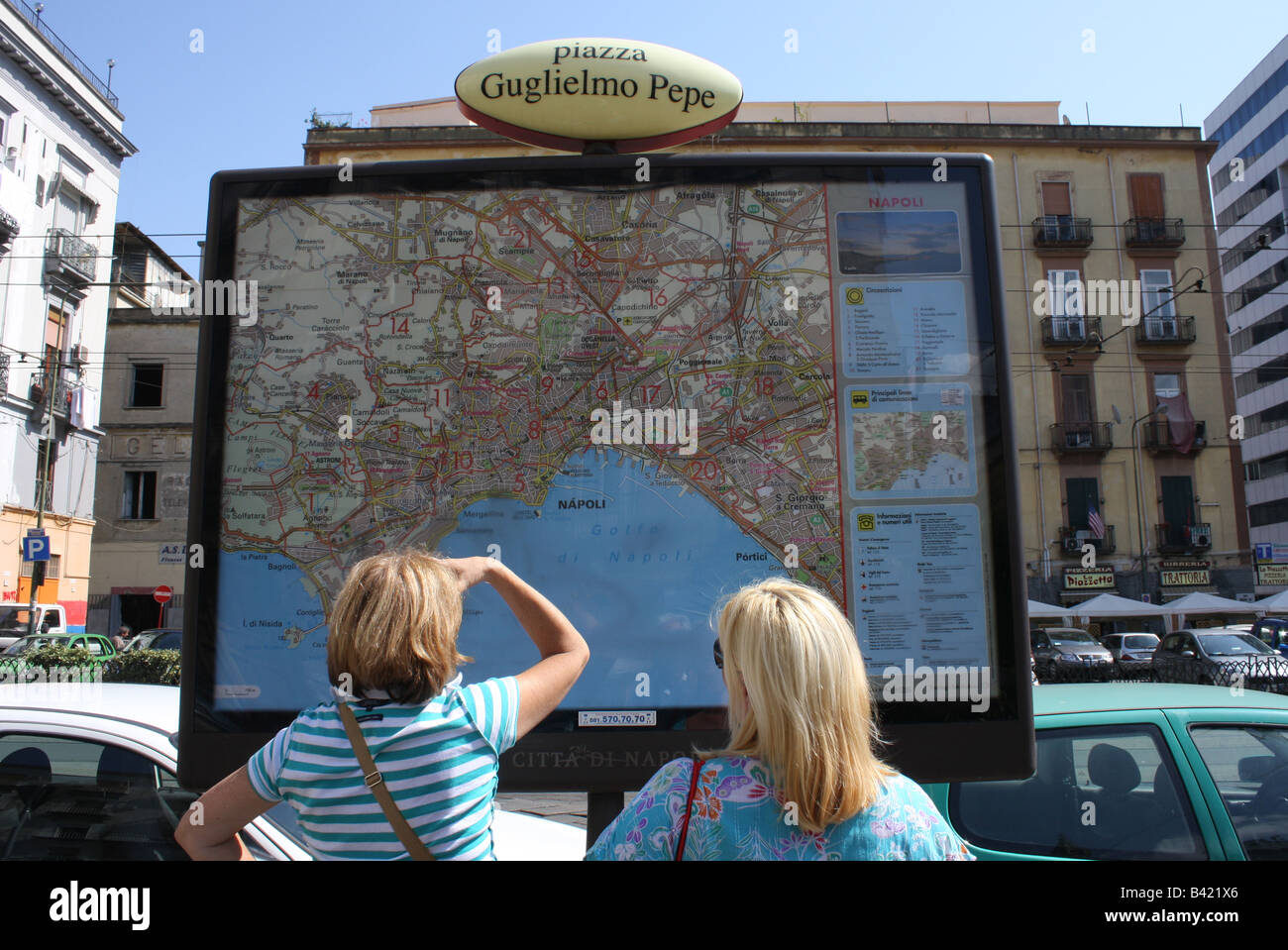 Two British tourists inspect a map in Naples, Southern Italy. Stock Photo
