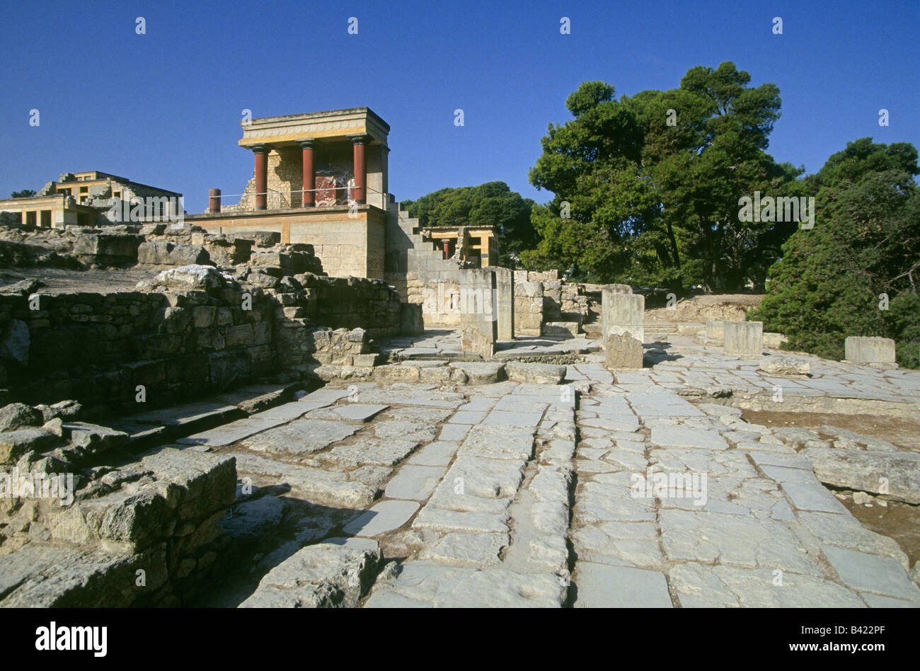An overview of the Minoan Palace of Knossos near the city of Iraklion on the island of Crete Stock Photo