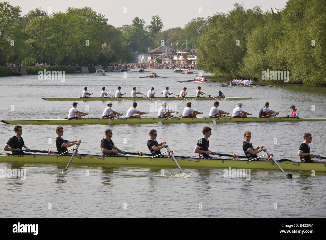 Oxford University college men's rowing crews on the Thames before a