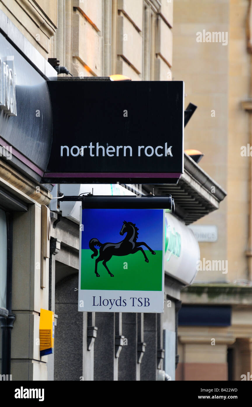 Lloyds TSB bank ,Black Horse Swinging sign , Northern Rock Stock Photo
