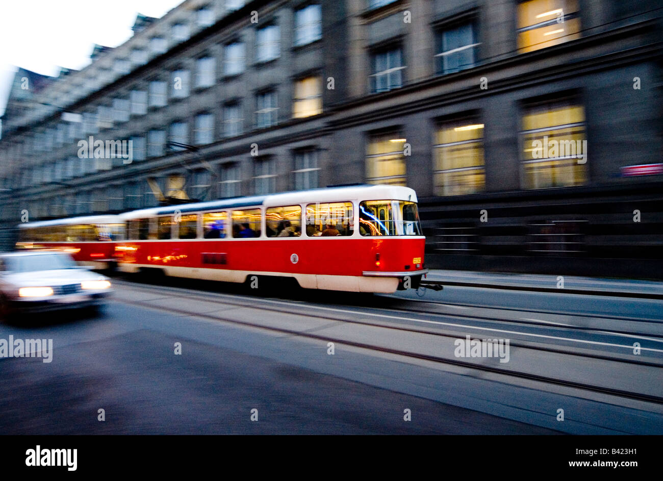 Tram in motion, Prague, Czech republic Stock Photo