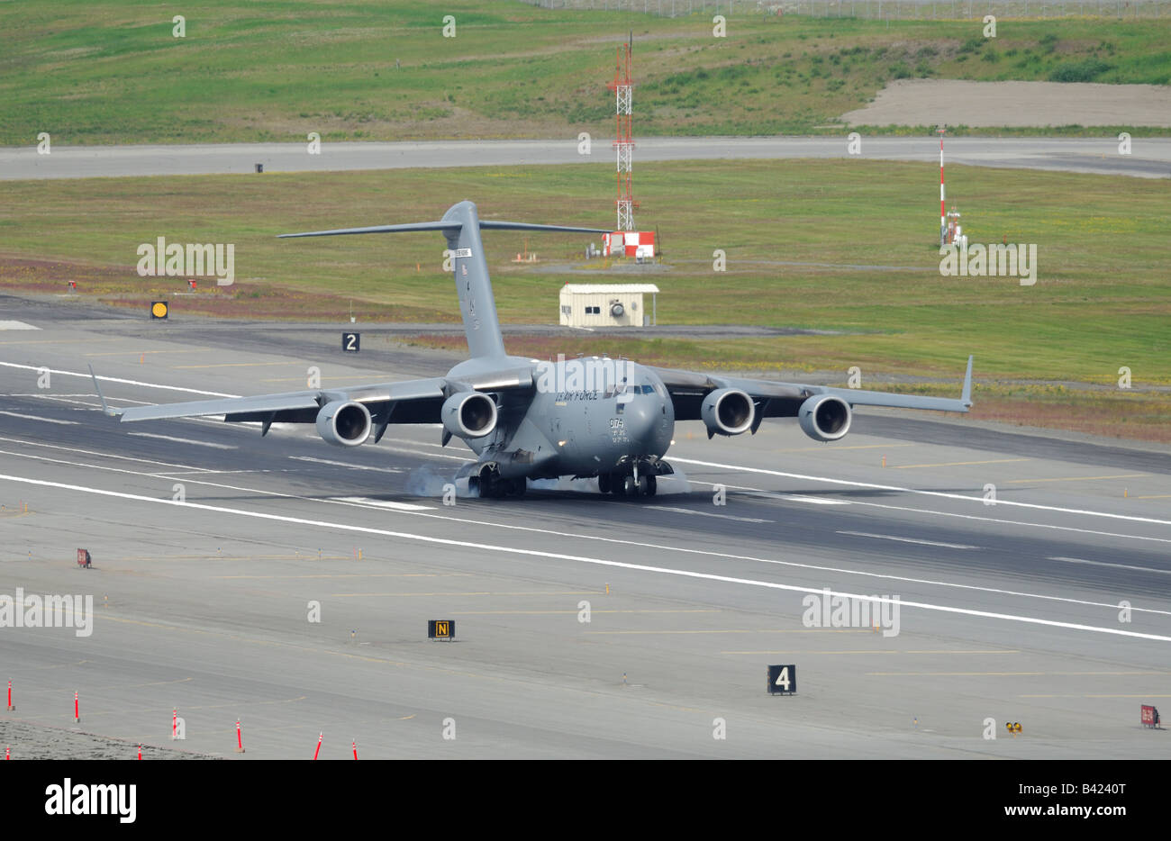 Boeing C17 Globemaster III military cargo plane landing, Elmendorf Air