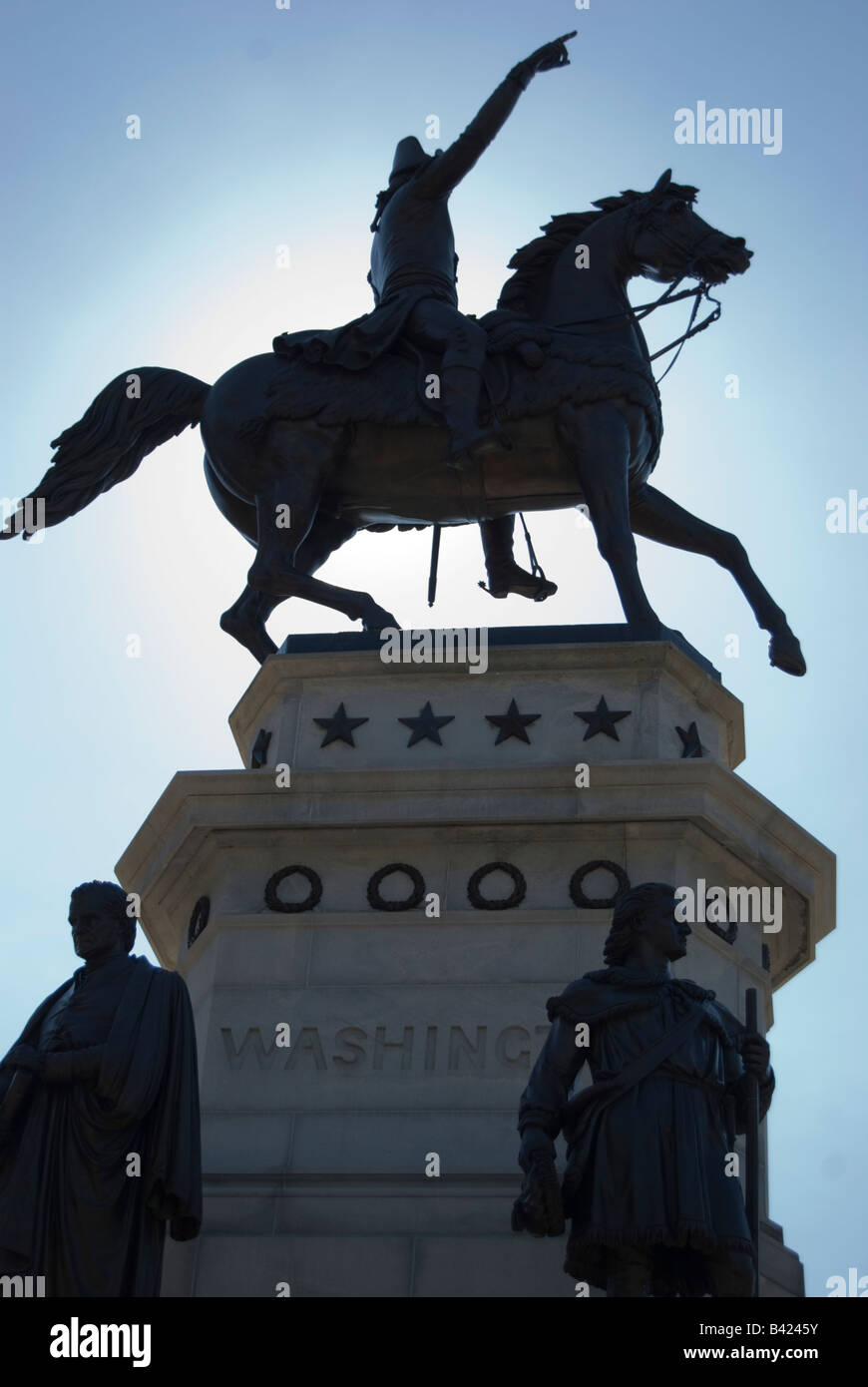 The George Washington equestrian monument in slight silhouette. On grounds of the Virginia State Capitol. Stock Photo