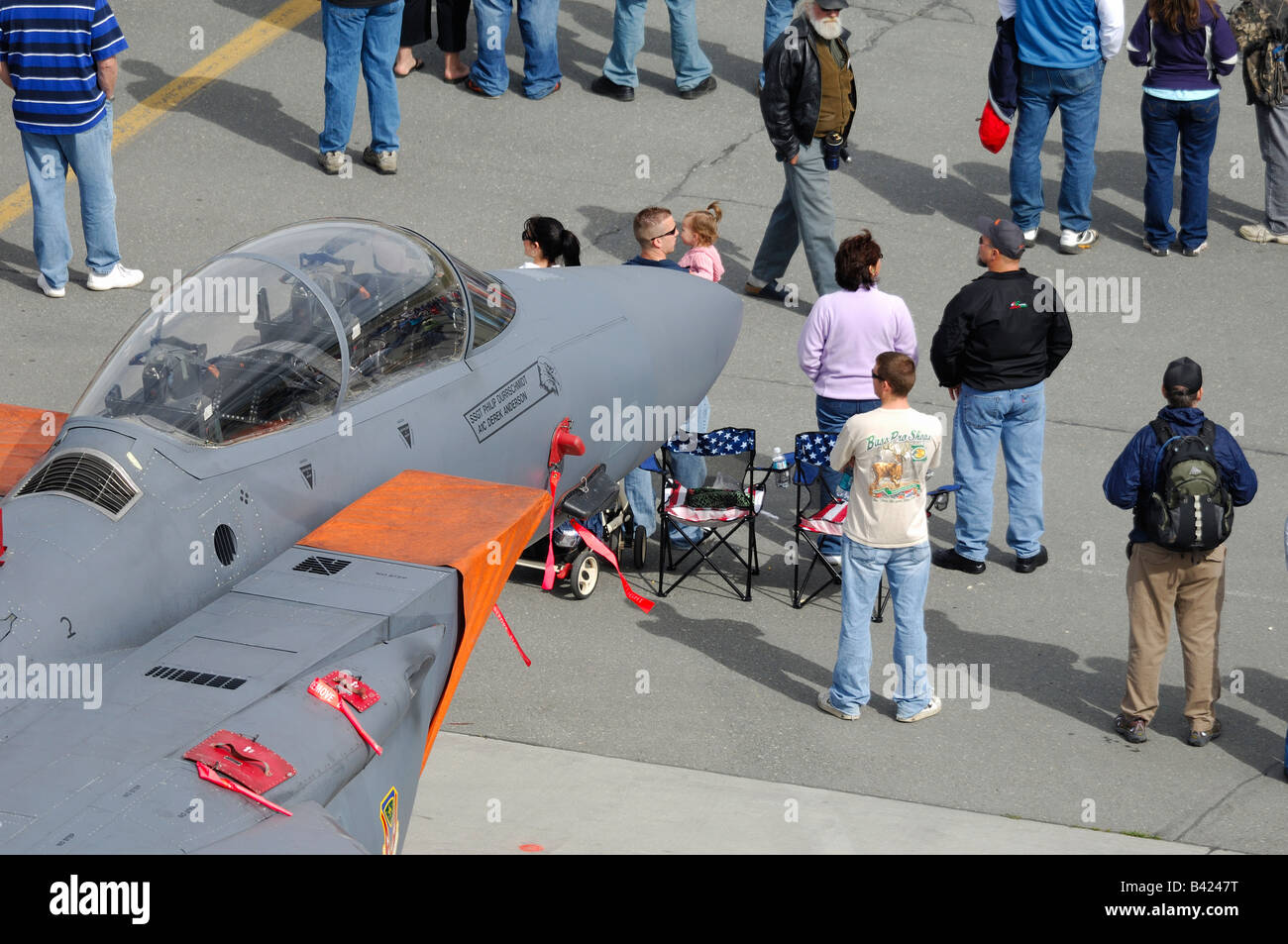 American jet fighter McDonnell Douglas F15 Eagle and spectators of