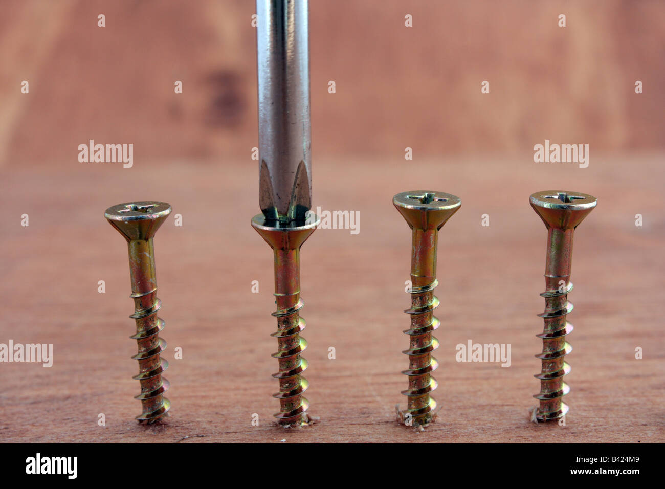 PHILLIPS HEAD SCREWDRIVER TURNING ONE OF FOUR SCREWS INTO PIECE OF WOOD