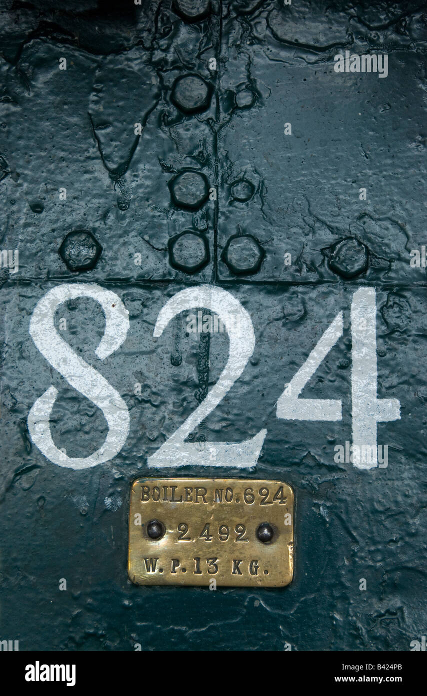 Cockpit interior showing number plate of steam engine Stock Photo