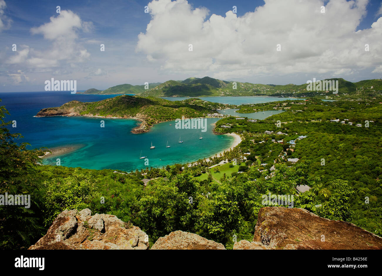 English Harbour and Nelson's Dockyard viewed from Shirley Heights in Antigua Stock Photo