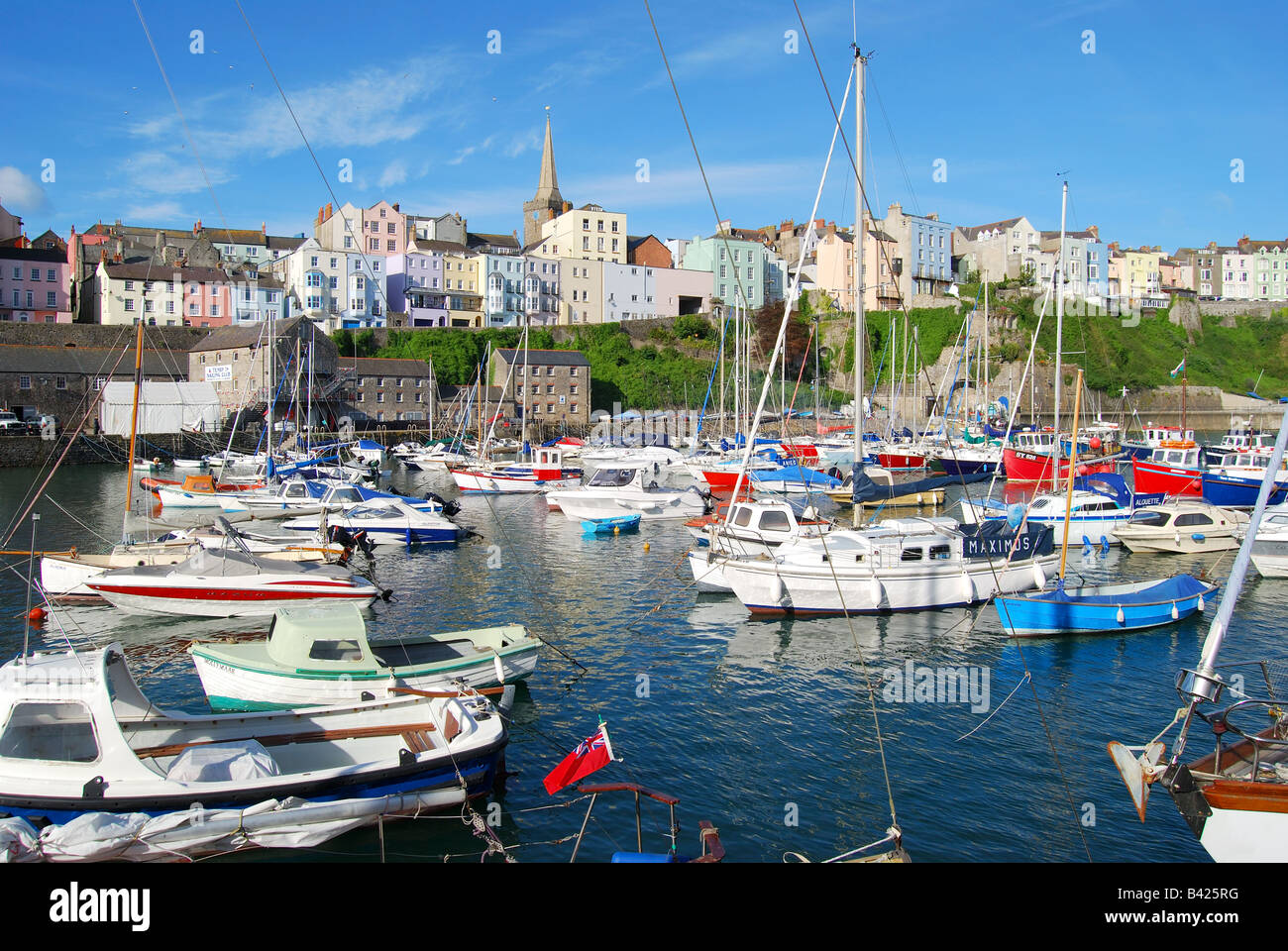 Harbour and town view, Tenby, Carmarthen Bay, Pembrokeshire, Wales, United Kingdom Stock Photo