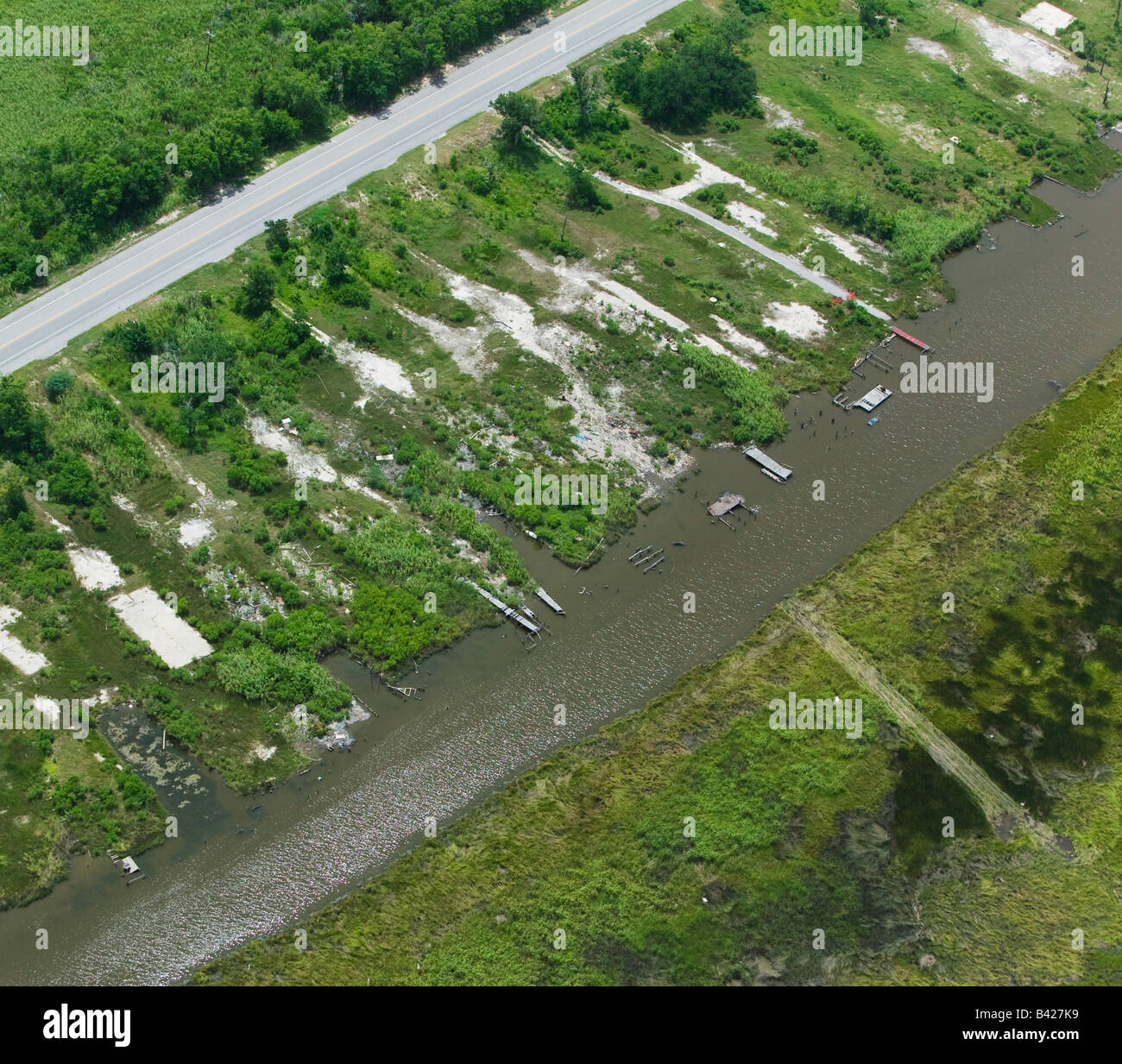 aerial above destroyed homes barren pads New Orleans Louisiana hurricane Katrina destruction Stock Photo