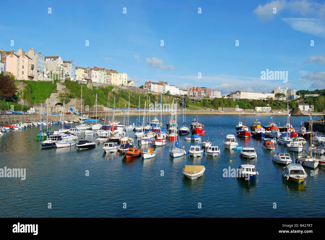 Harbour and town view, Tenby, Carmarthen Bay, Pembrokeshire, Wales, United Kingdom Stock Photo