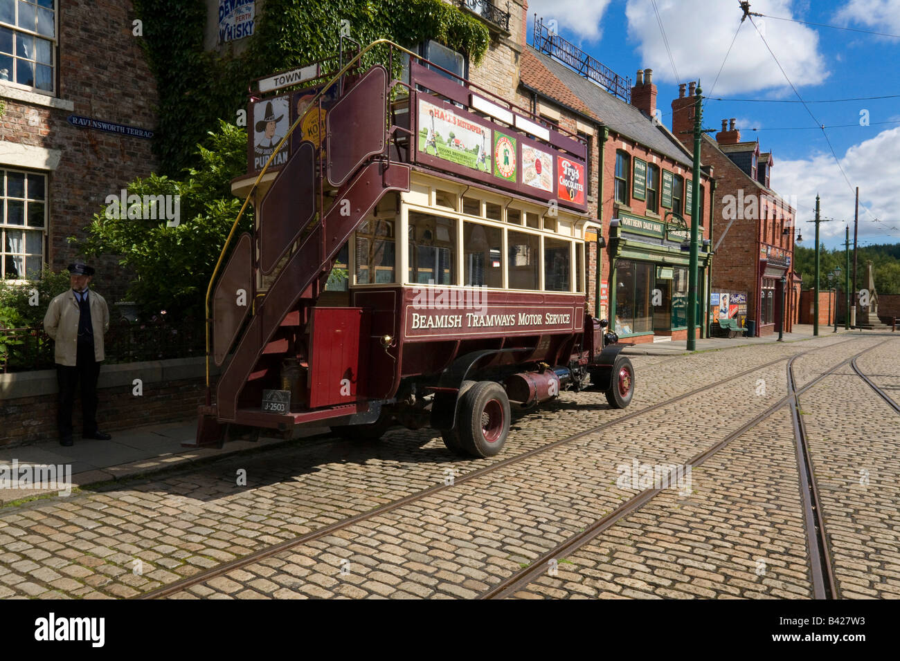 Open Top Double Decker Bus at Beamish Open Air Museum 1913 Town Stock Photo