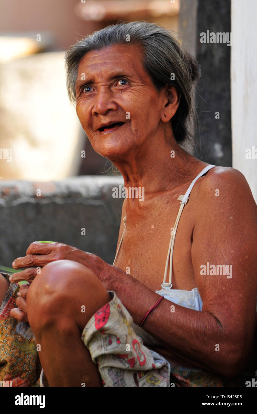 bali aga village life, happy old lady, bali aga village life, semberan , north bali , indonesia Stock Photo