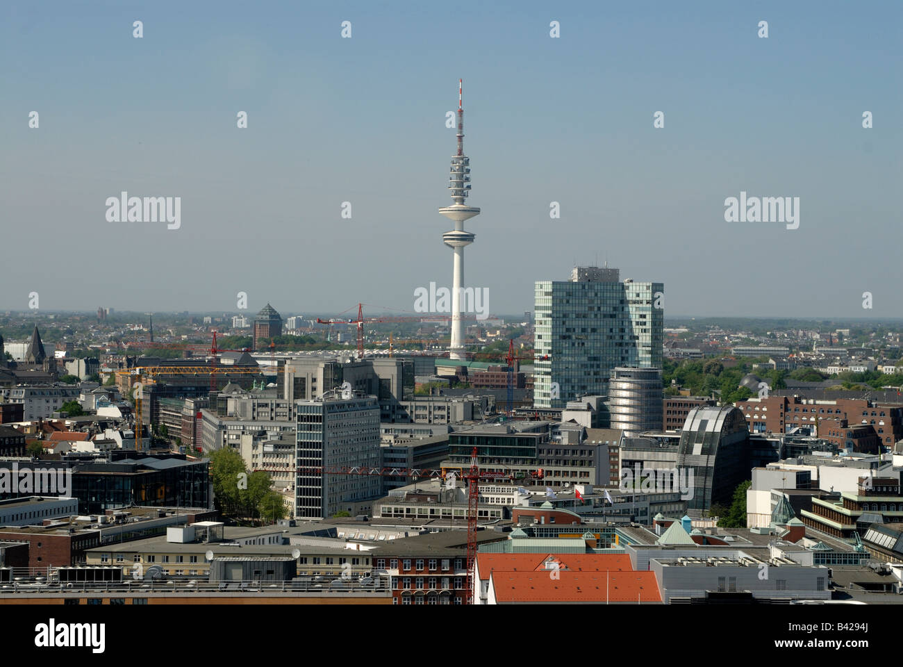 Bird eyes view of the town of Hamburg in the center the television tower Germany Stock Photo