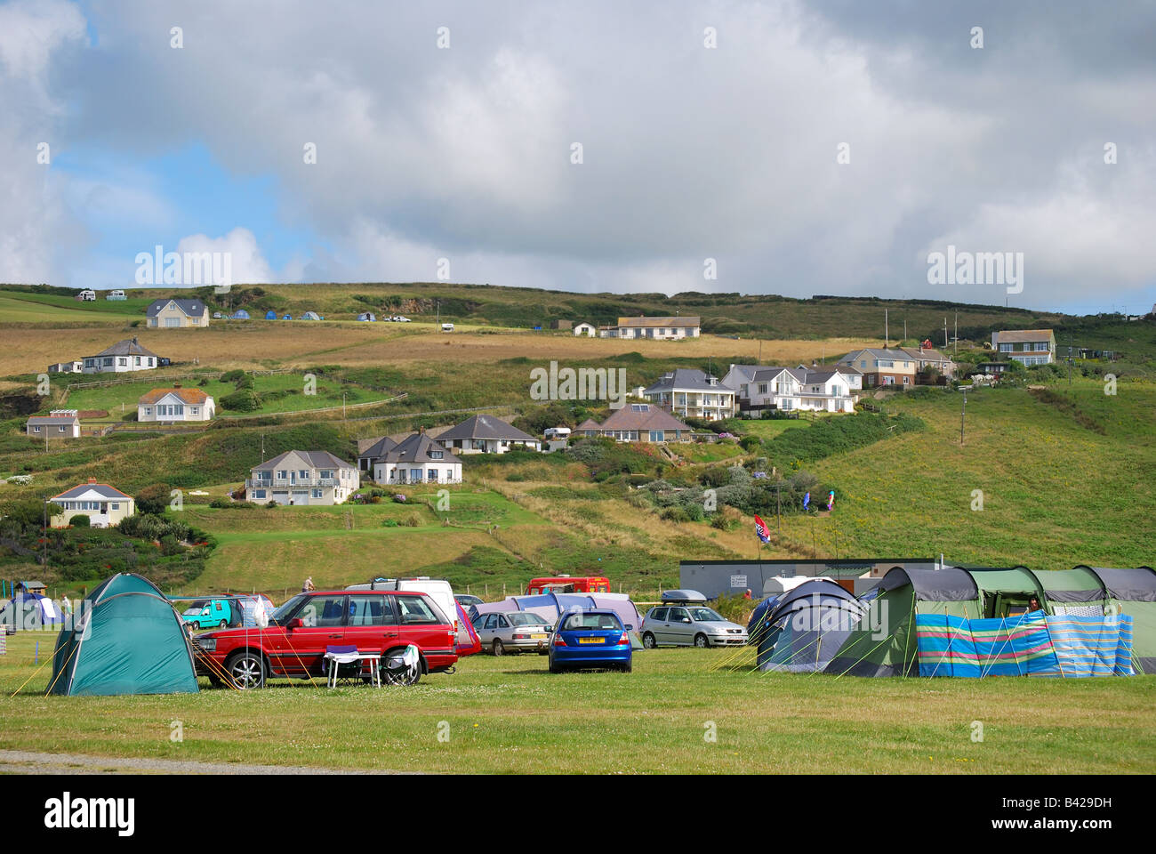 Campsite by coast, Newgate Sands, St.Bride’s Bay, Pembrokeshire Coast National Park, Pembrokeshire, Wales, United Kingdom Stock Photo