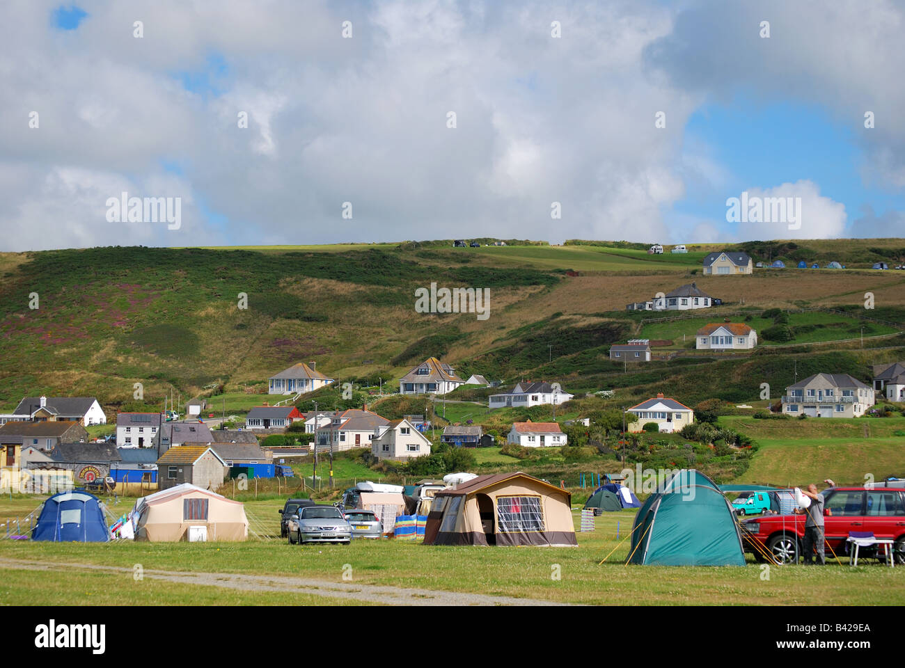 Campsite by coast, Newgate Sands, St.Bride’s Bay, Pembrokeshire Coast National Park, Pembrokeshire, Wales, United Kingdom Stock Photo