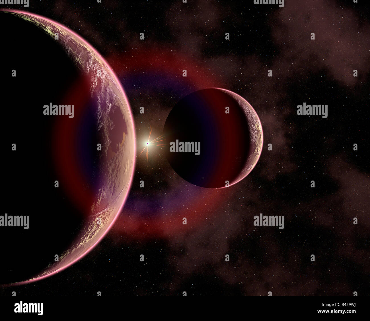 Distant Alien Red Planets, In Orbit Around A Star  Producing A Colourful Halo. Stock Photo