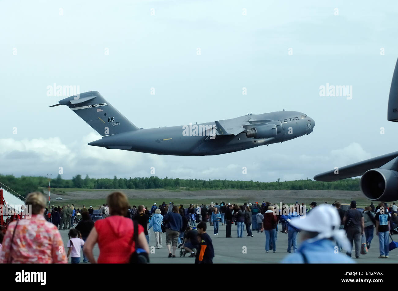 Boeing C17 Globemaster III military cargo plane taking off during air