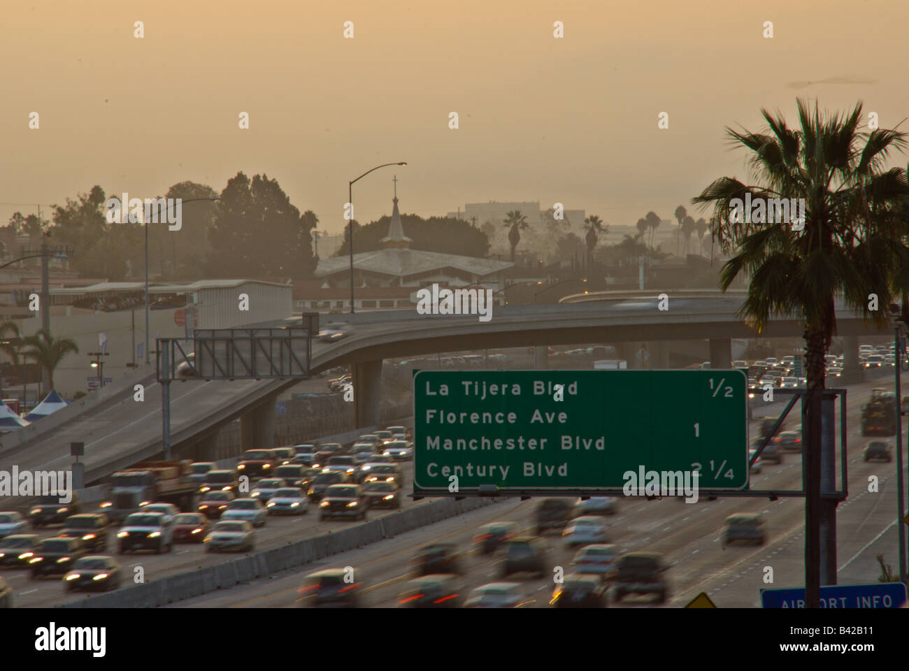 405 freeway I-405 Los Angeles CA, California highway signs bumper to bumper traffic, Stock Photo