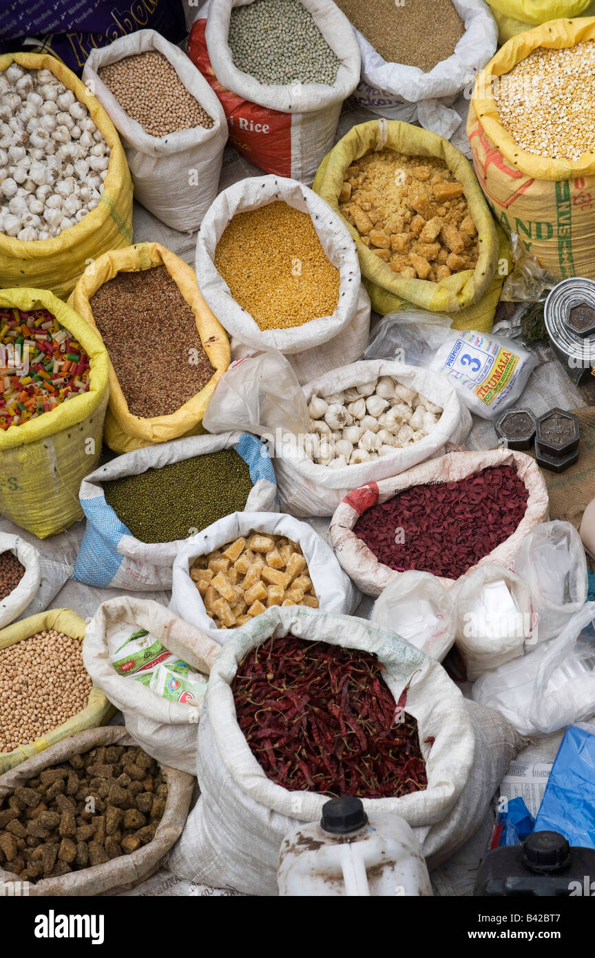 Looking down on indian market stall with sacks of indian spices / produce Stock Photo