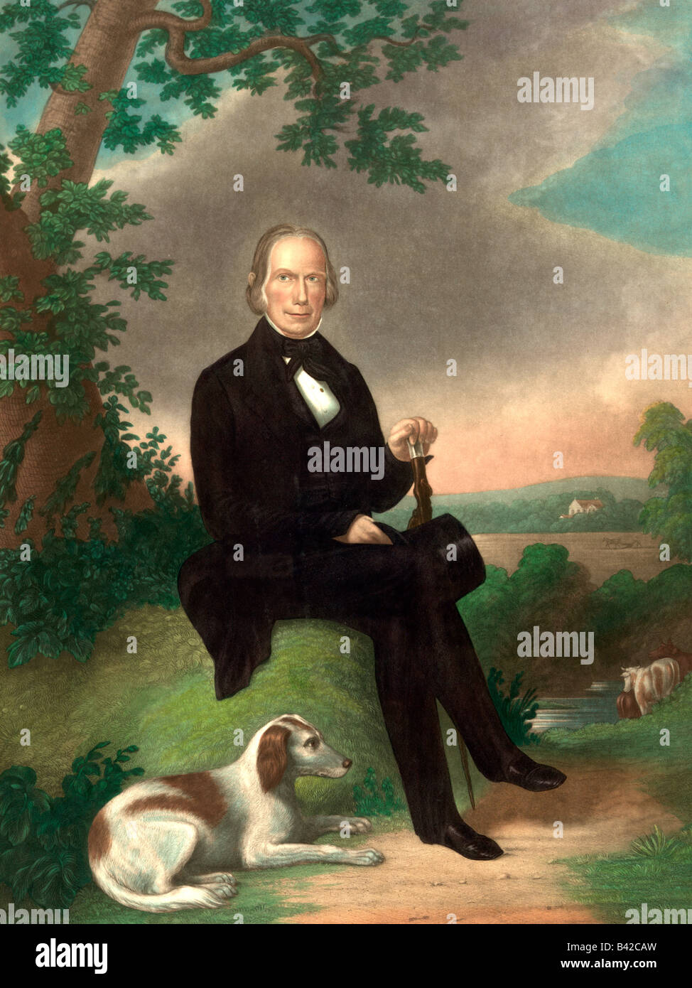Henry Clay full length portrait sitting under tree facing front with dog at his feet Stock Photo