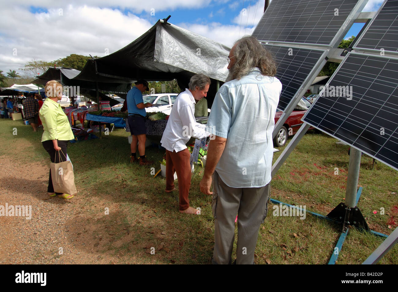 Solar panels and local fruit and veg for sale at the monthly Yungaburra