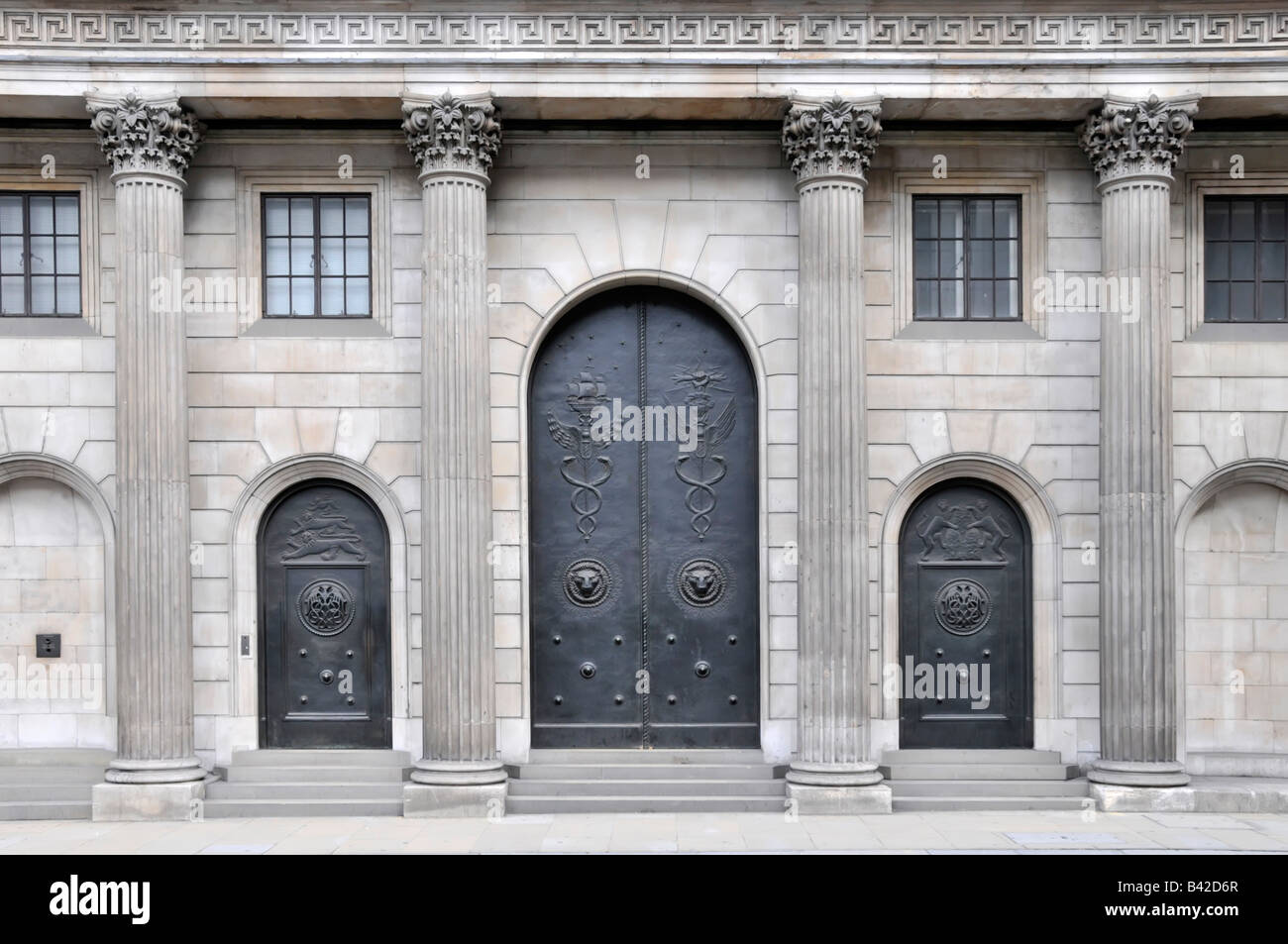 Closed main entrance doors to the Bank of England in the City of London seen on a Saturday Stock Photo