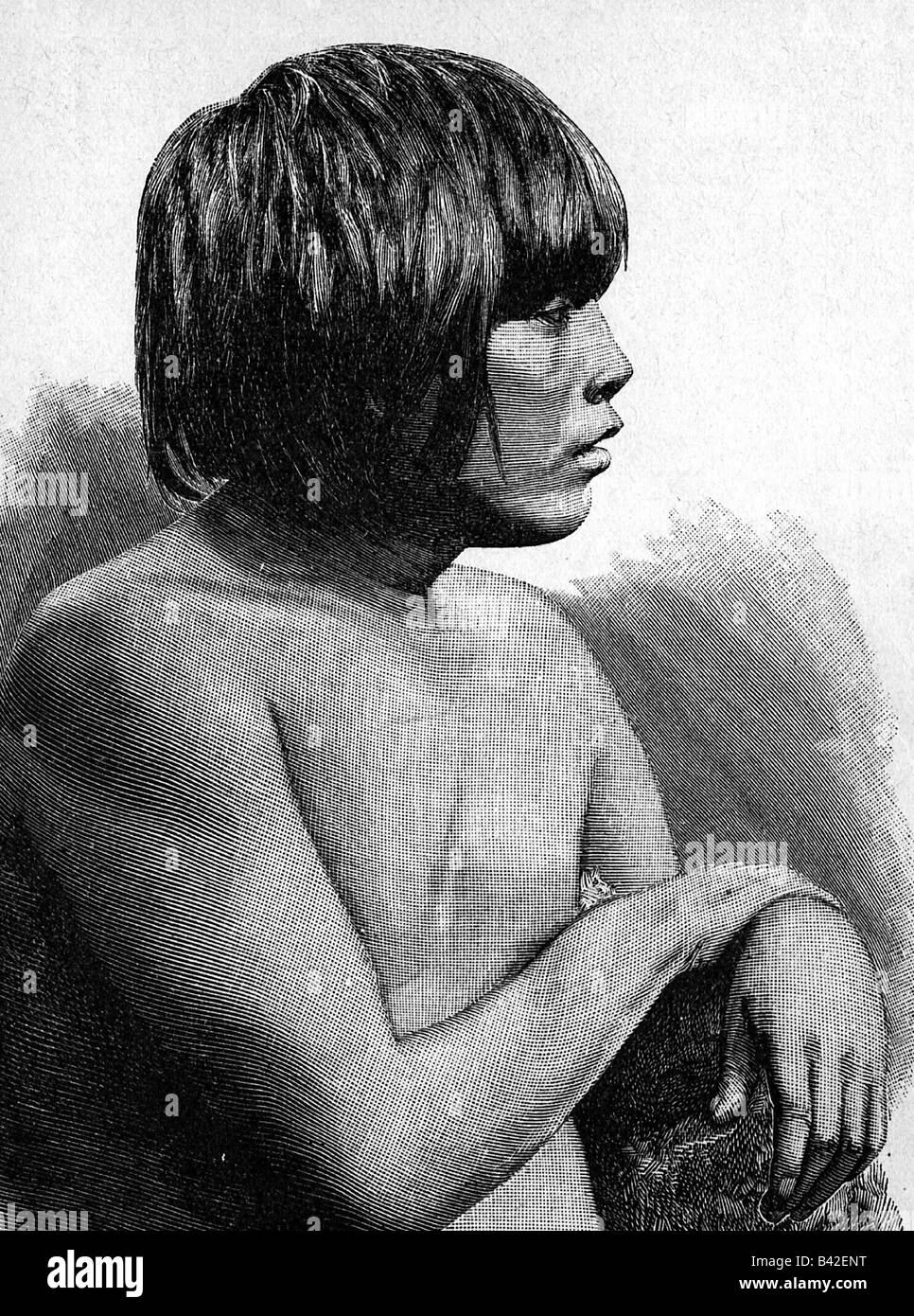 geography / travel, Argentina, Tierra del Fuego, people, natives, young man, engraving, 19th century, historic, historical, South America, Indian, half length, profile, Stock Photo