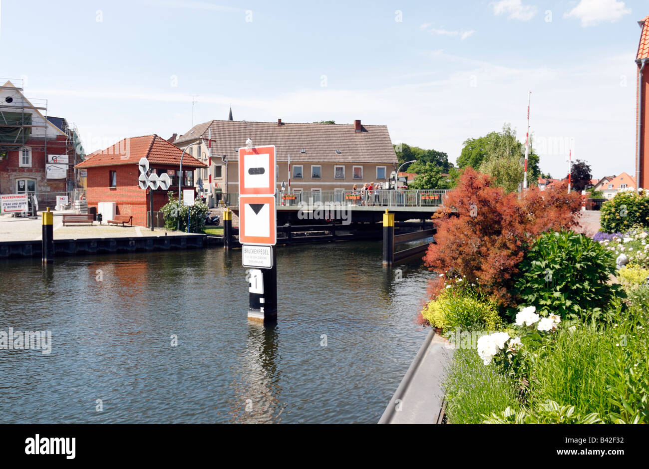 Canal and movable Bridge in Malchow Stock Photo