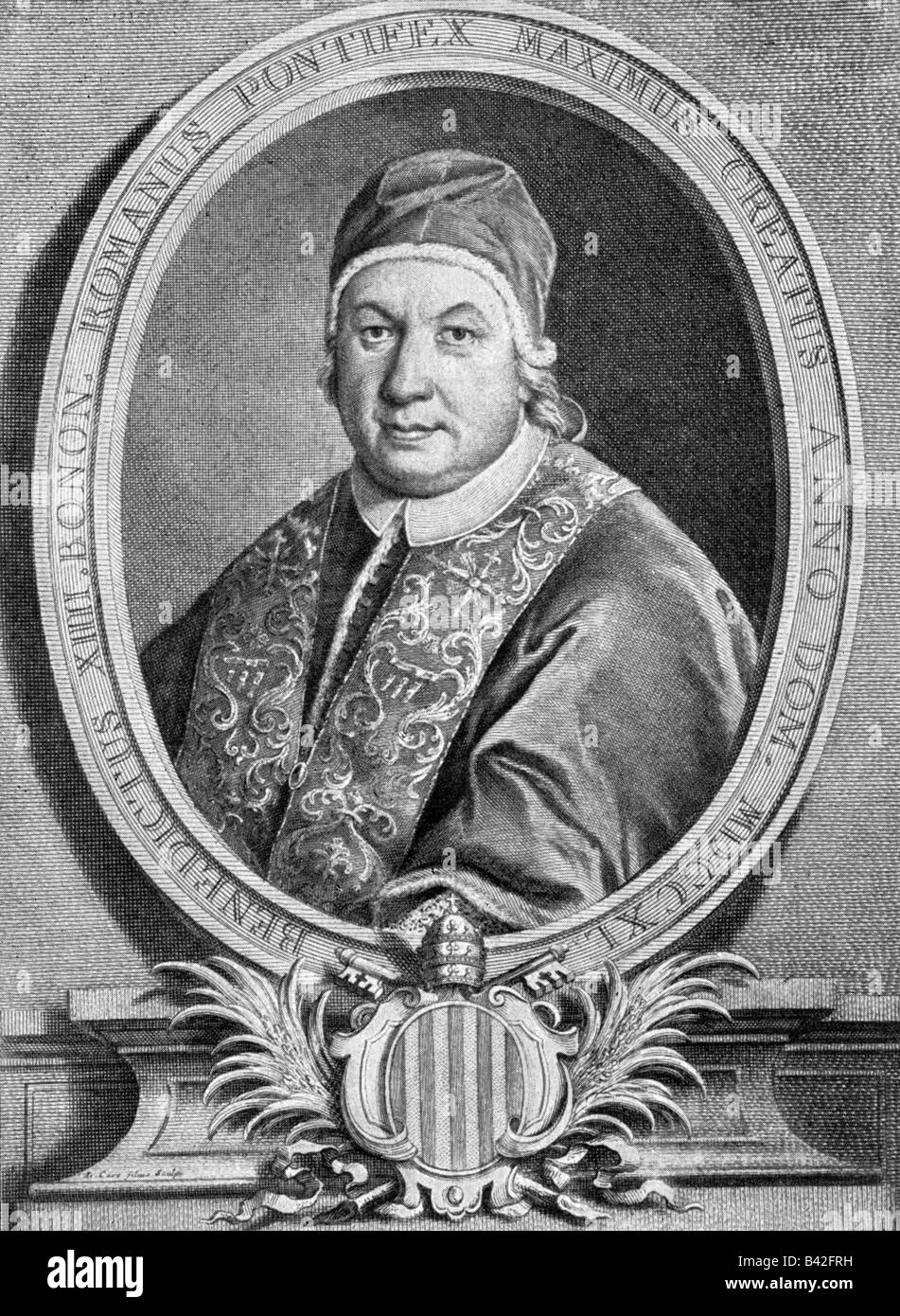 Benedict XIV (Prospero Lambertini), 31.3.1675 - 2.5.1758, Pope  17.8.1740 - 2.5.1758, portrait, copper engraving by L. Cars the Younger and G. F. Schmidt, 18th century, , Artist's Copyright has not to be cleared Stock Photo