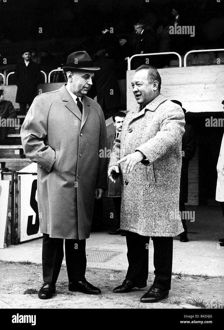 Cajkovski, Zlatko 'Cik', 24.11.1923 - 27.7.1998, Croatian football player and coach, with Roger Petit, inspecting the playground, stadium at Liege, 1967,   , Stock Photo