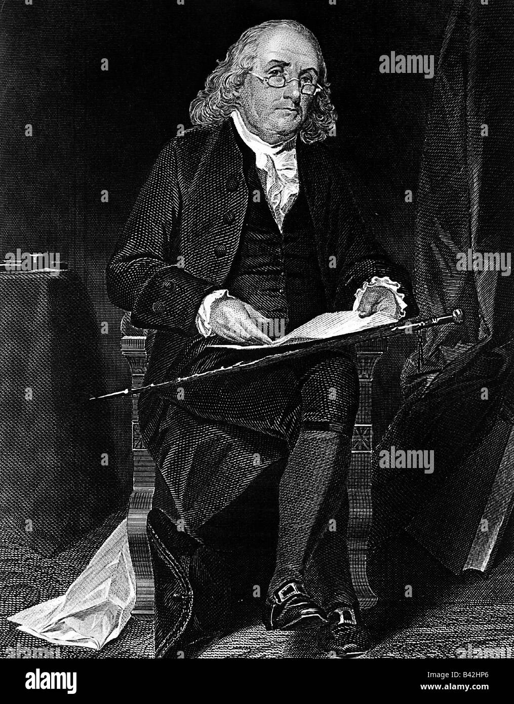Franklin, Benjamin, 17.1.1706 - 17.4.1790, American natural scientist and politican, whole figure, engraving, 19th century, , Stock Photo