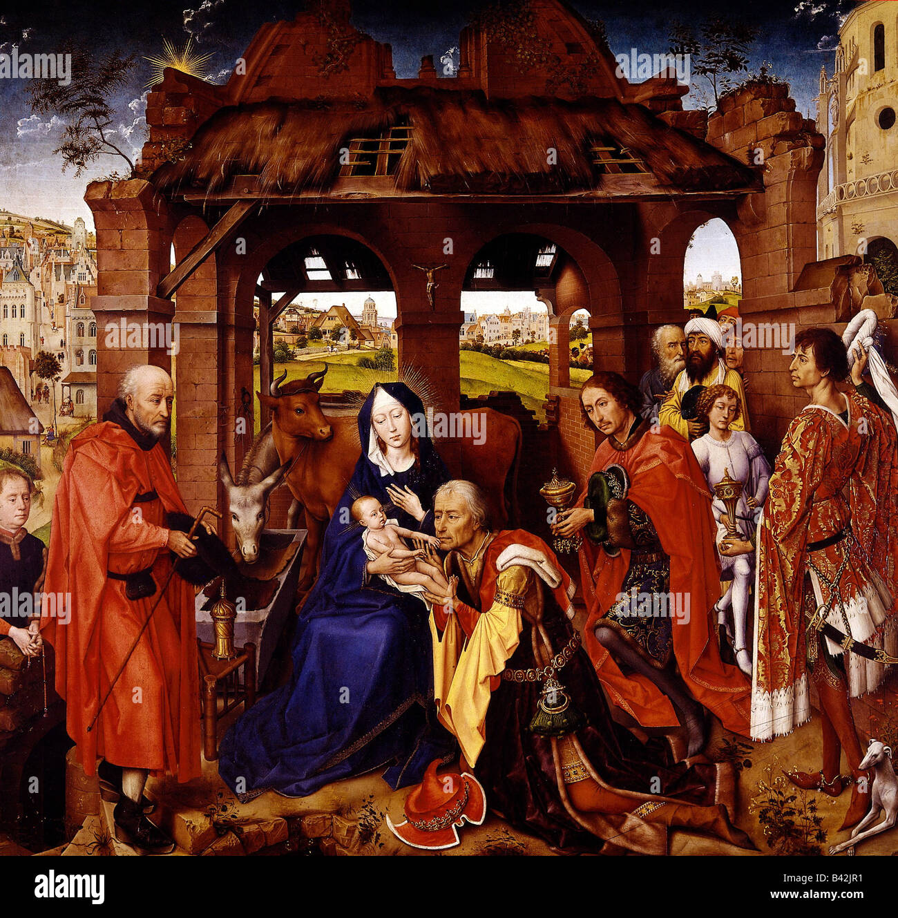 fine arts, Weyden, Rogier van der (1399 - 18.6.1464), painting, "Adoration of the Magi", altar piece, detail, Alte Pinakothek