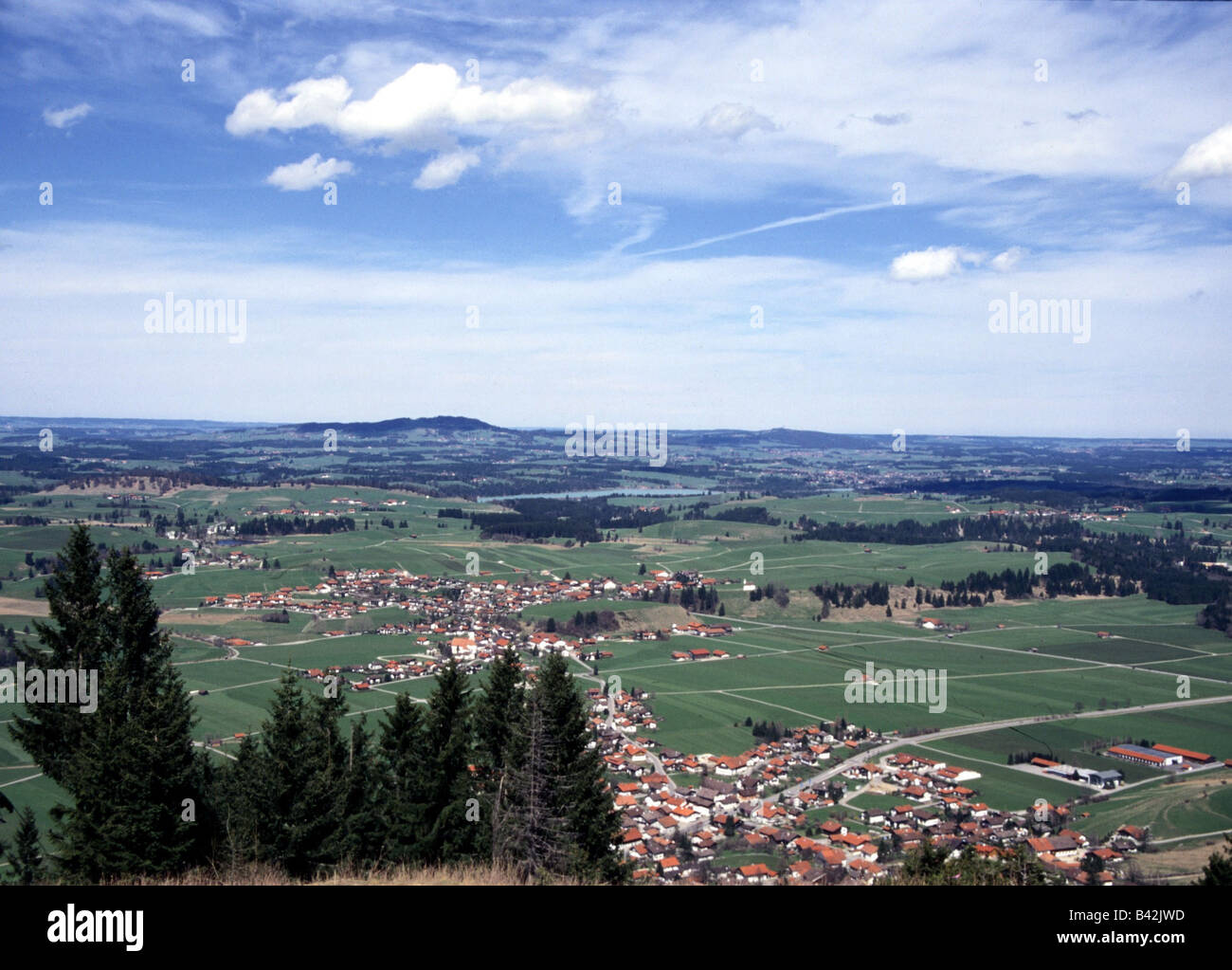 geography / travel, Germany, Bavaria, Allgaeu, view of Buching from the Buchenberg, East Allgaeu, Stock Photo