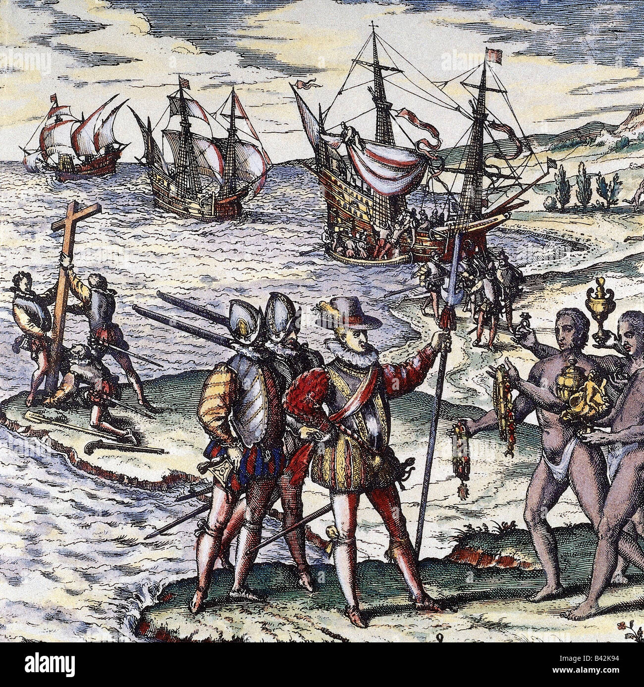 Columbus, Christopher, 1451 - 20.5.1506, Italian explorer, scene, arriving at Guanahani, 12.5.1492, coloured engraving by Theodore de Bry, 1596, Artist's Copyright has not to be cleared Stock Photo