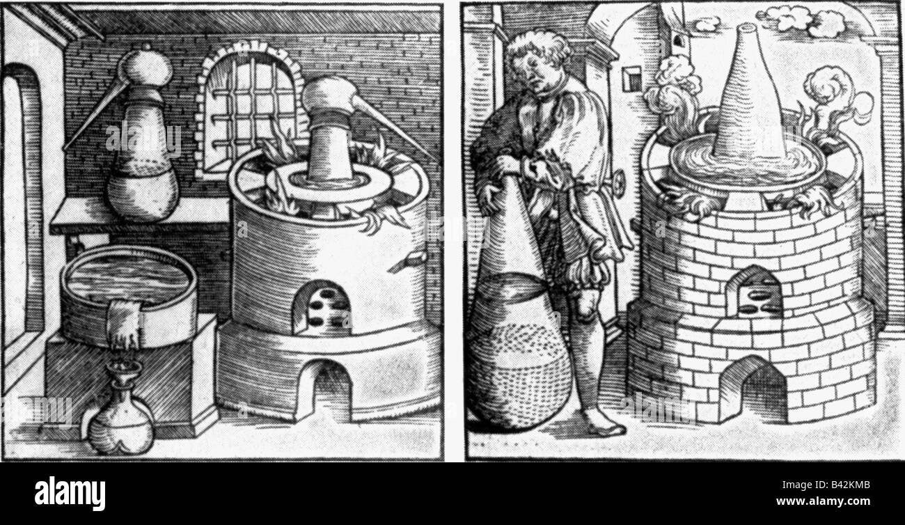 alchemy, distilliation and filtration, woodcut, 'De Alchimia libri tres' by Geber (Dshabir Ibn Hayyan, 721 - 815), Strassburg, 1531, Stock Photo