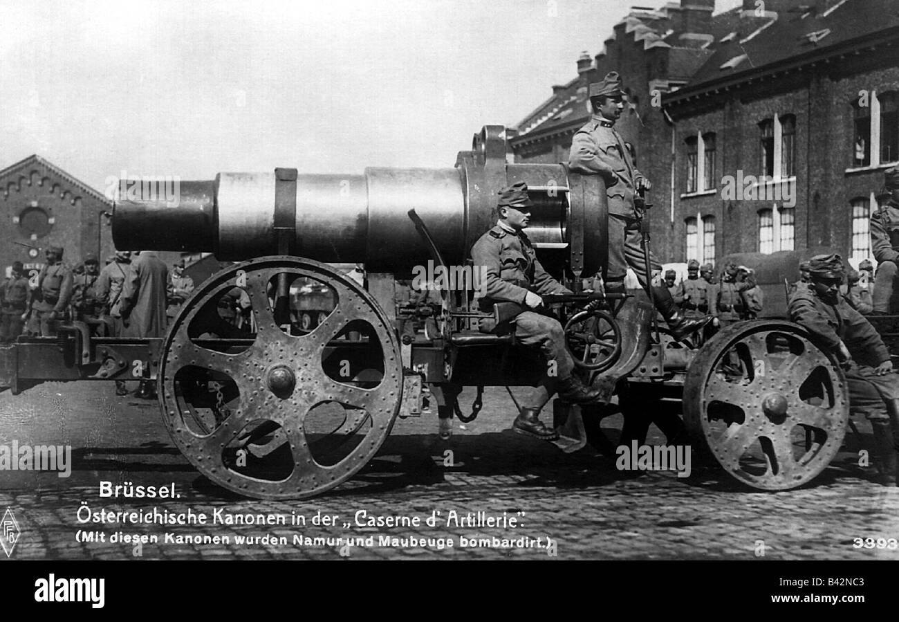 events, First World War / WWI, Western Front, Austrian heavy gun at the artillery barracks, Brussels, Belgium, 1914, Stock Photo