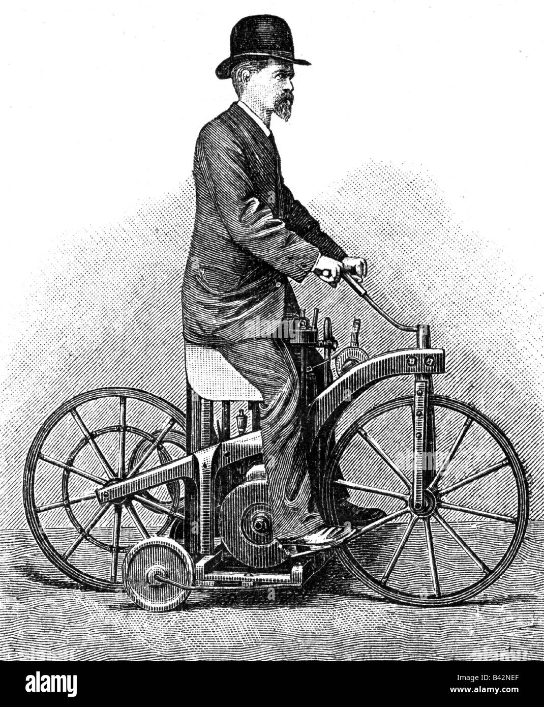 Daimler, Gottlieb Wilhelm, 17.3.1834 - 6.3.1900, German engineer, inventor, full length, on his petrol-driven bike, anonymous woodcut, from the journal 'Gartenlaube', 19th century, Stock Photo