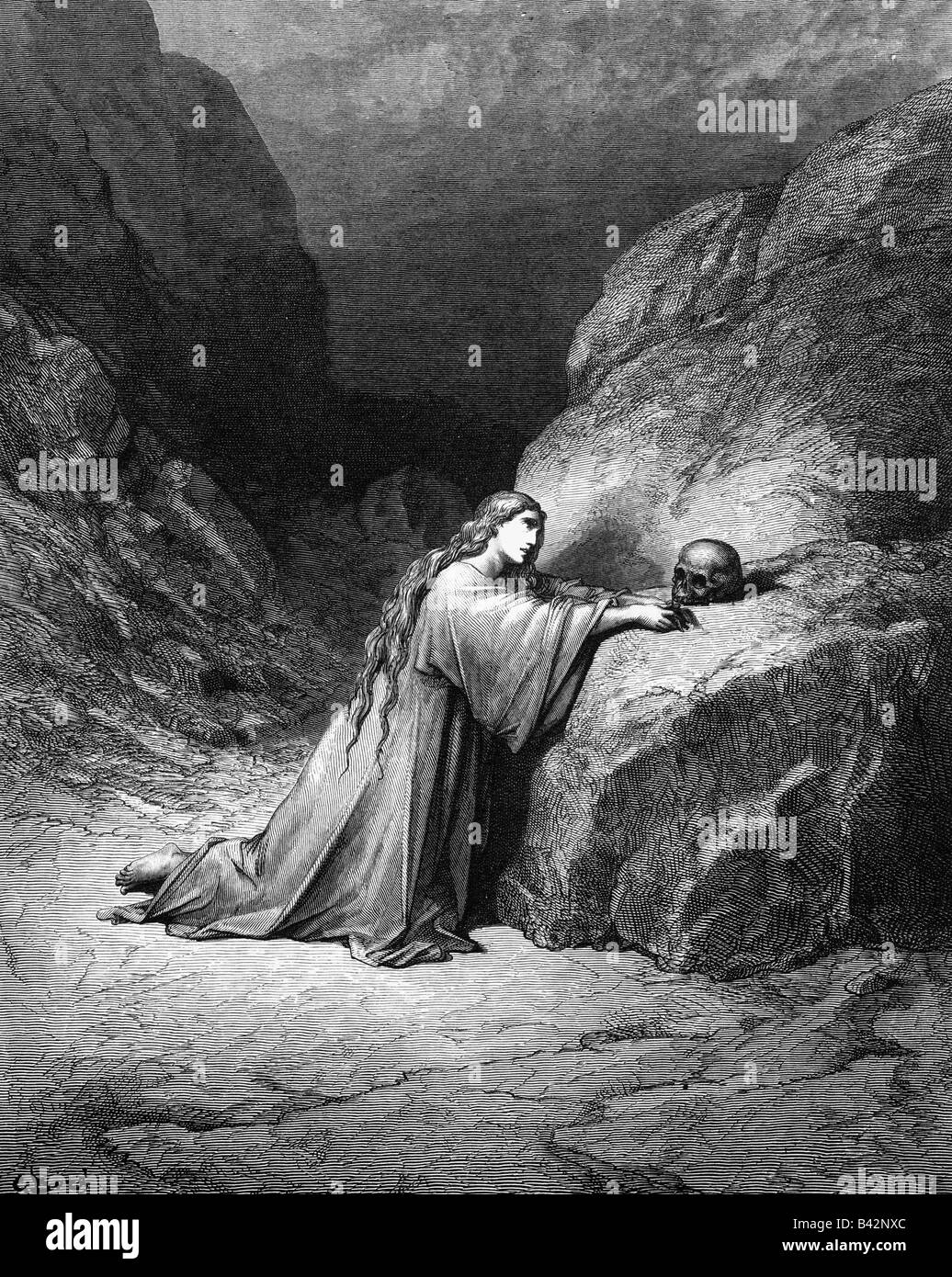 Mary Magdalene, saint, figure from the New Testament, full length, graphic 'Mary Magdalene Repentant', wood engraving, by Gustave Dore (1832 - 1883), France, circa 1865, Artist's Copyright has not to be cleared Stock Photo