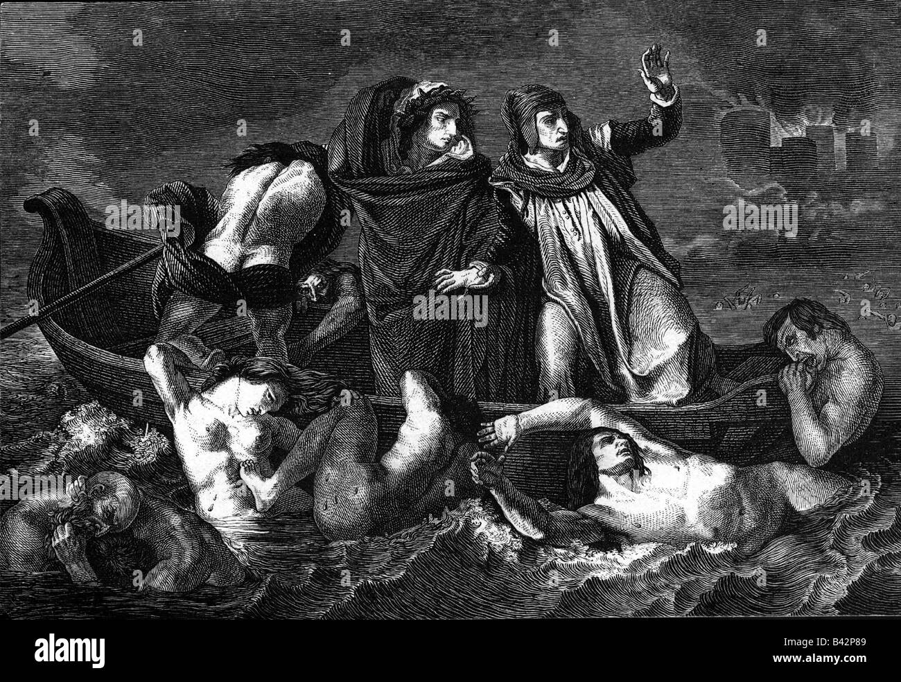 Dante, Alighieri, 1265 - 14.9.1321, Italian poet, works, 'Divine Comedy', Dante and Virgil in the hell with the wrathful people, wood engraving, by Eugen Delacroix, Stock Photo