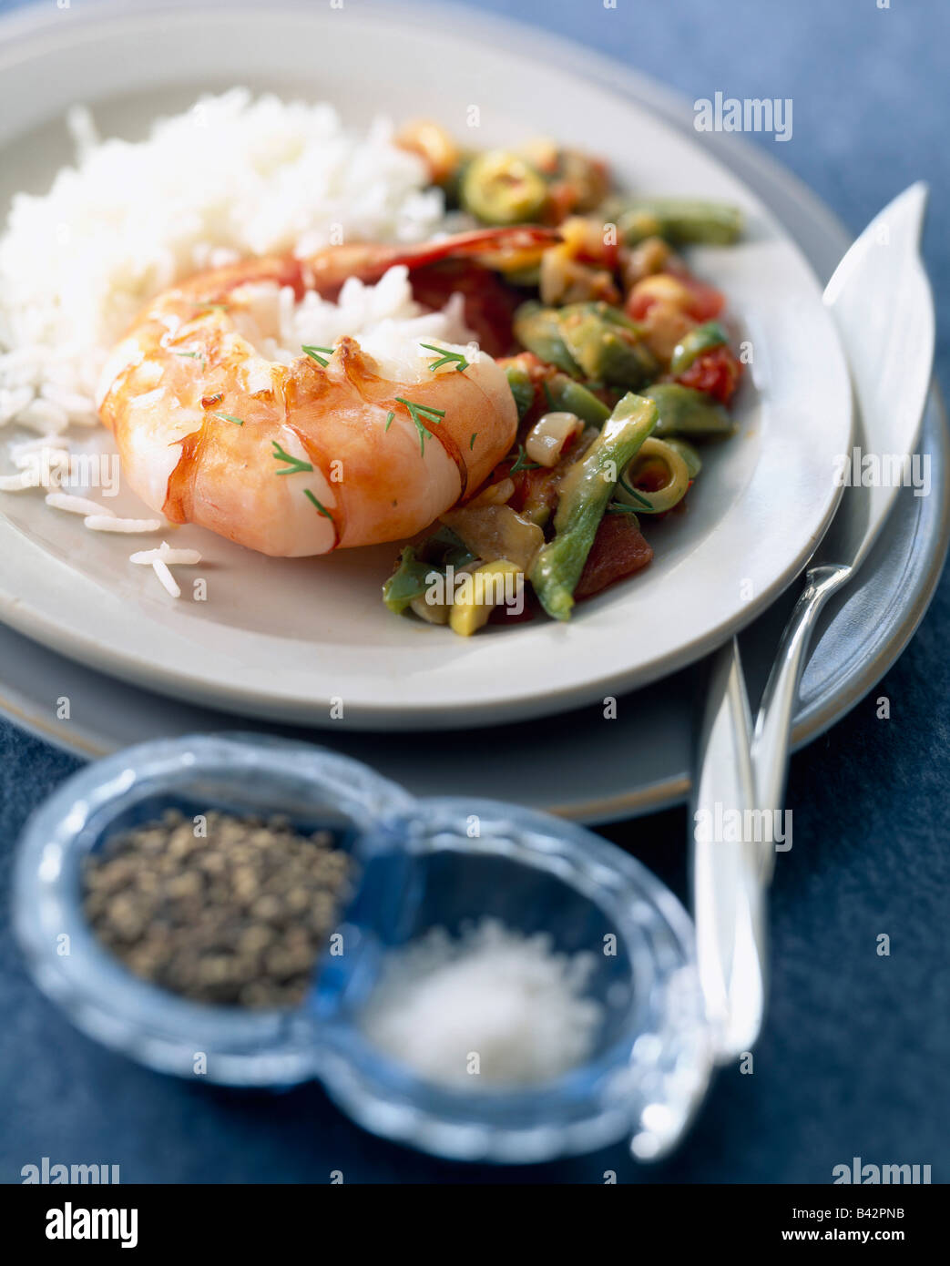Fried Camaron prawns with bisque de basquaise and dill Stock Photo Alamy