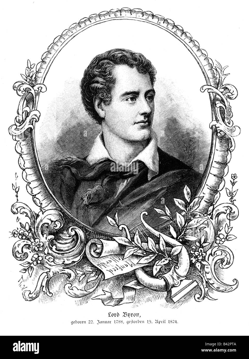 Byron, George Gordon Noel 22.1.1788 - 19.4.1824, British poet, portrait, in allegorical frame, wood engraving, 19th century, Stock Photo