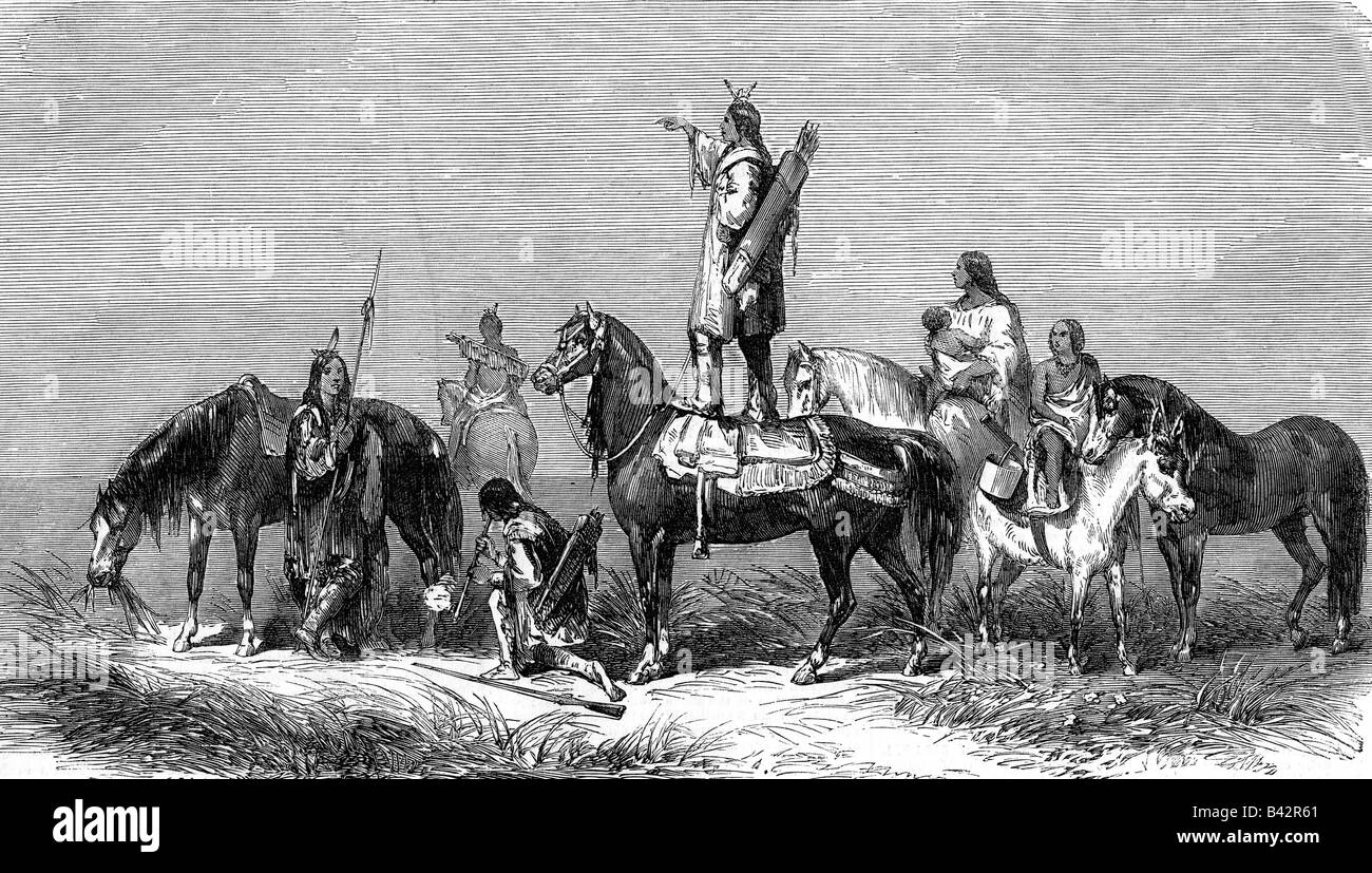 geography/travel, USA, people, Native Americans, tribes, Pawnee, looking out for enemies, engraving, 19th century, American Indians, North America, historic, historical, family, prairie, horses, Stock Photo