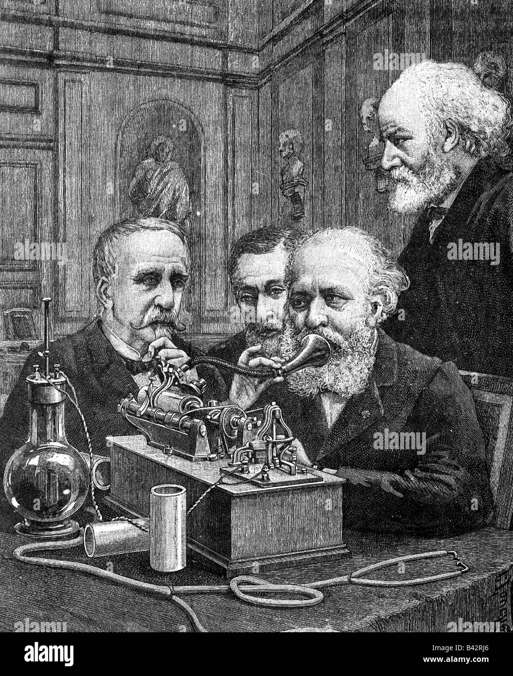 Gounod, Charles, 17.6.1818 - 147.10.1893, French composer, with Duke Henri of Aumale, Alfred Des Cloizeaux and Pierre Jules Janssen in front of a phonograph, Paris, 27.4.1889, wood engraving, Stock Photo